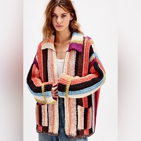 Free Peoplle Everything Cardi Sweater Heavy Weight Striped Zipper Pockets - Picture 2 of 8